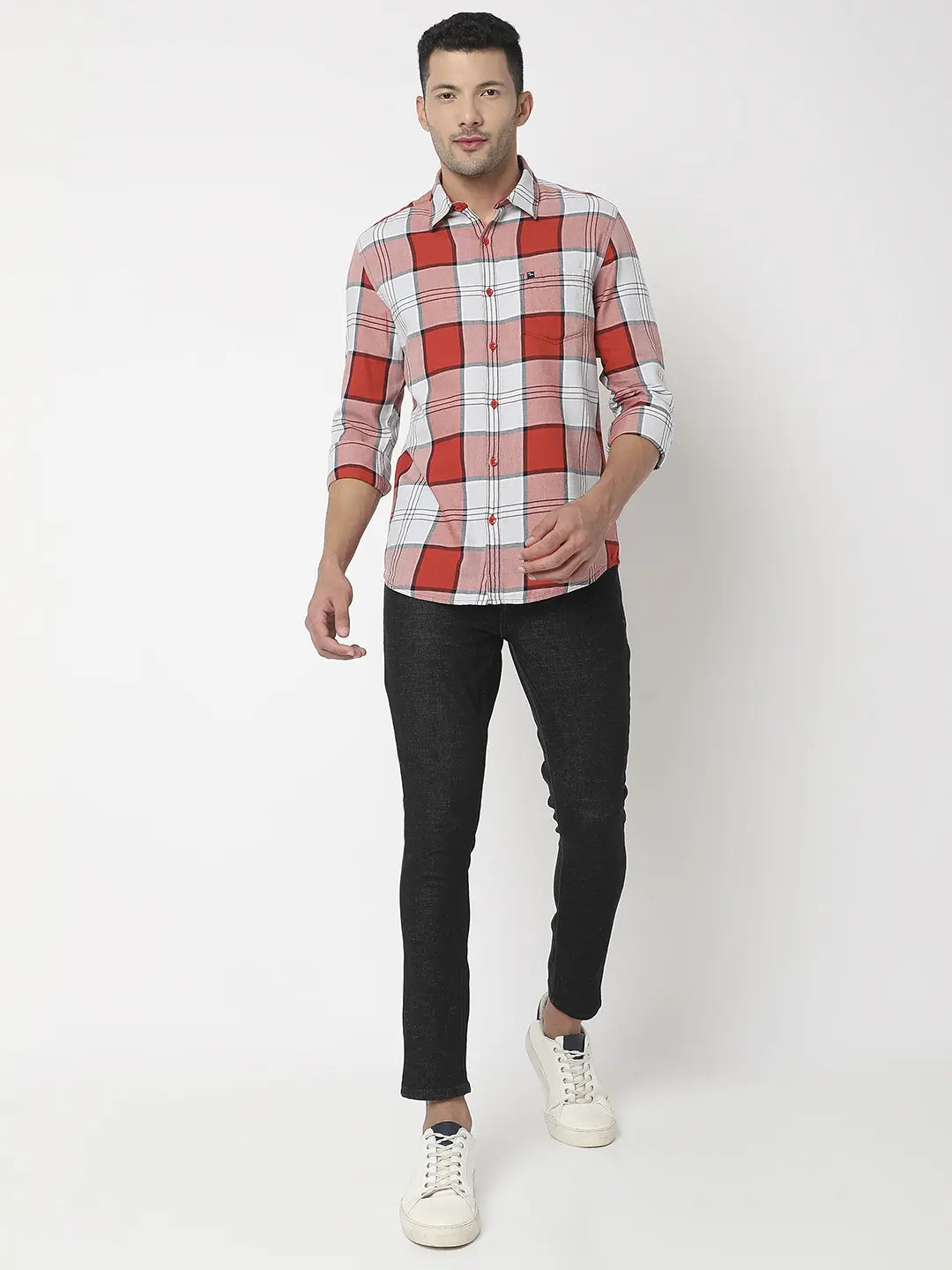 Spykar Men Brick Red Cotton Slim Fit Checkered Shirt