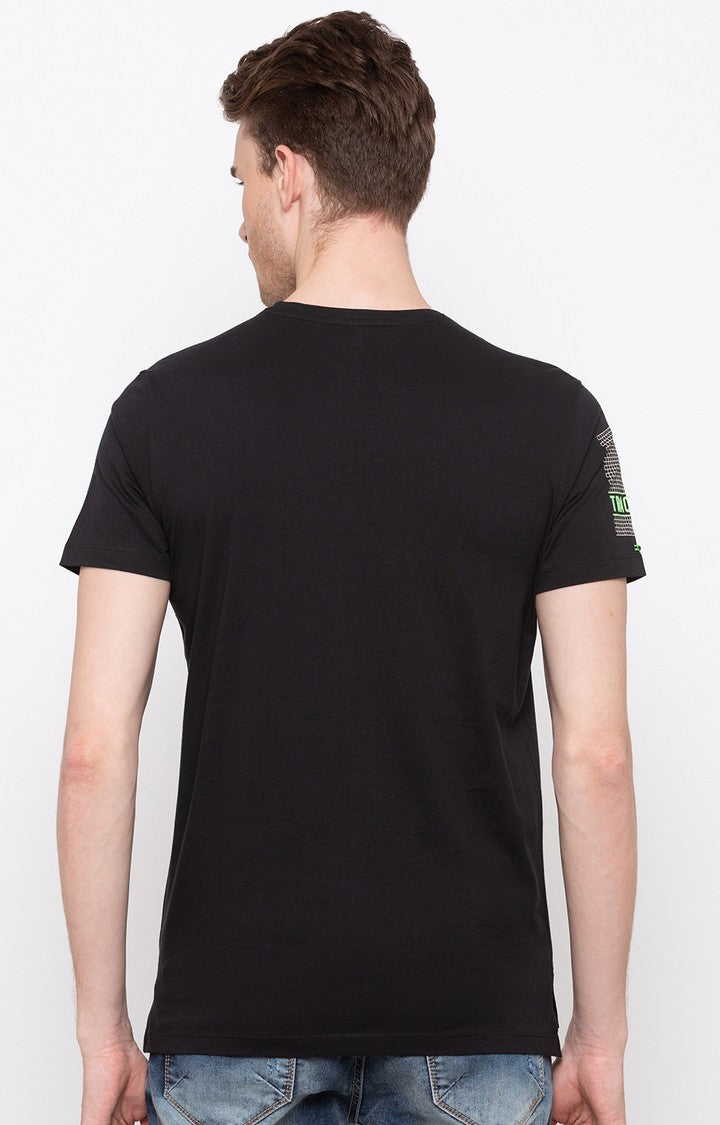 Spykar Jet Black Printed Slim Fit Men T-Shirts