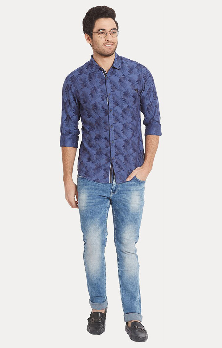 Spykar Men Blue Printed Slim Fit Casual Shirt