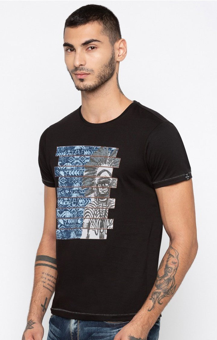 Spykar Black Printed Slim Fit Men T-Shirts