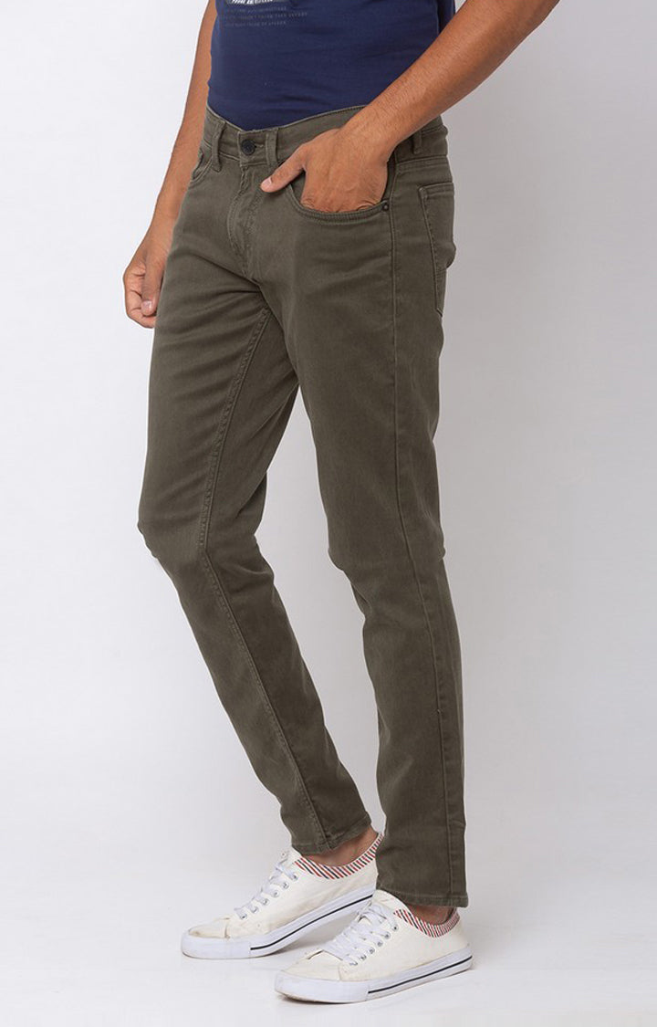 Spykar Olive Cotton Stretch Slim Fit Narrow Length Jeans (Skinny)