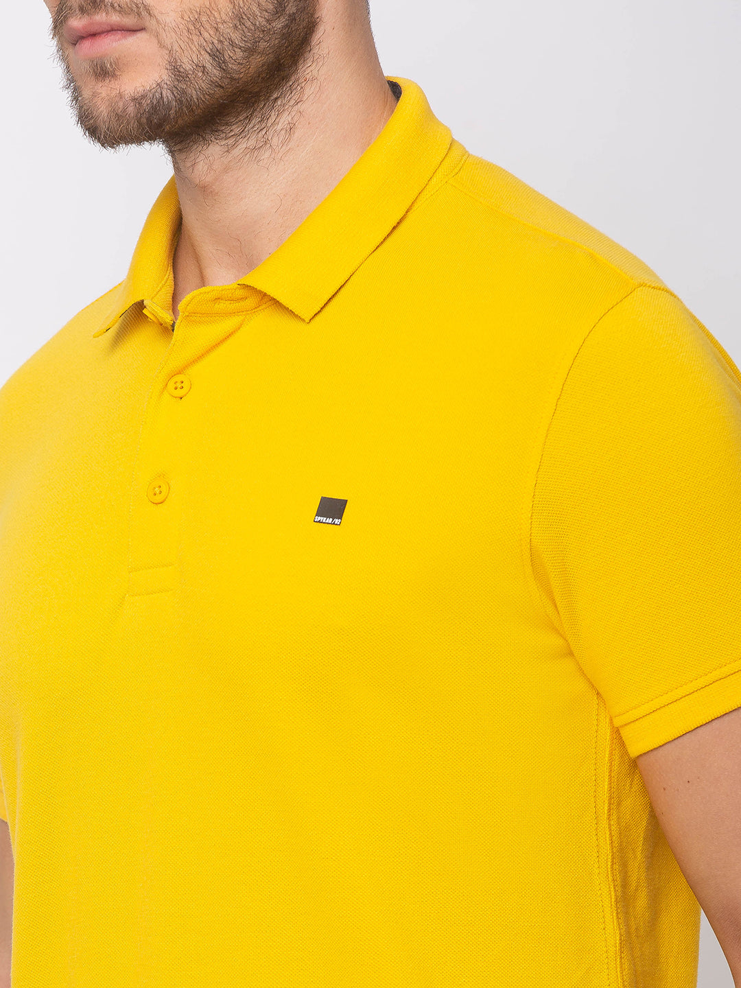 Spykar Men Yellow Cotton Slim Fit Polo T-Shirt