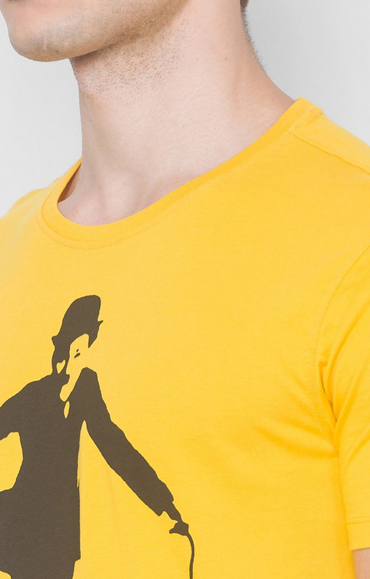 Charlie Chaplin Spykar Men Chrome Yellow Cotton Slim Fit Round Neck Printed T-Shirt