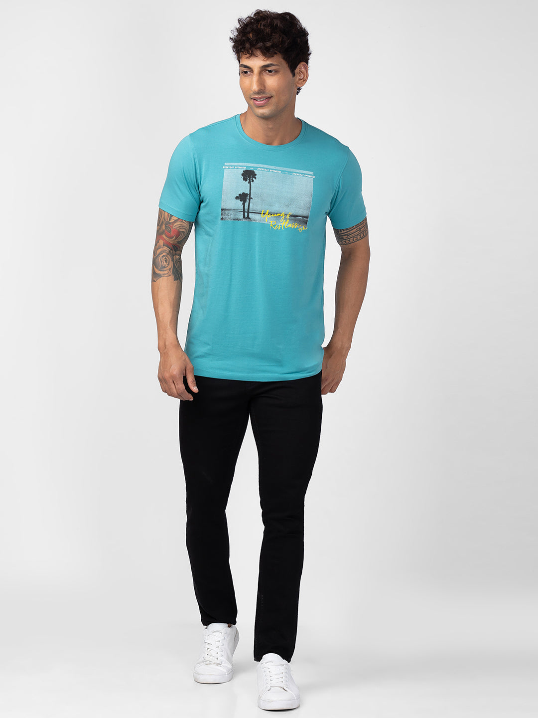 Spykar Men Dusty Turquoise Cotton Regular Fit Half Sleeve Printed T-Shirt