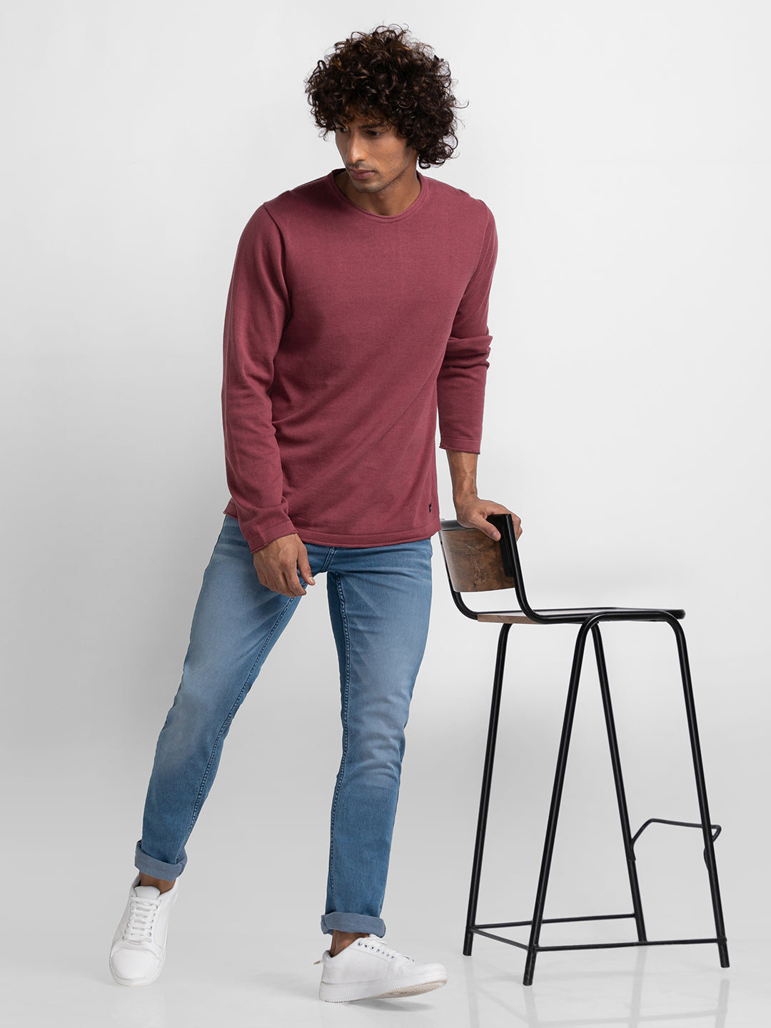 Spykar Mauve Red Cotton Full Sleeve Casual Sweater For Men