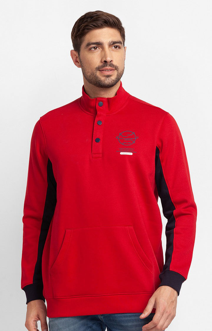 Spykar True Red Cotton Full Sleeve High Neck Sweatshirt For Men