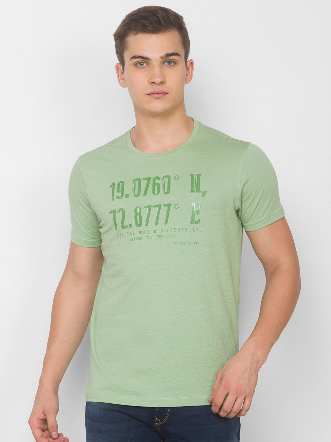 Spykar Men Green Cotton Slim Fit Round Neck T-Shirt