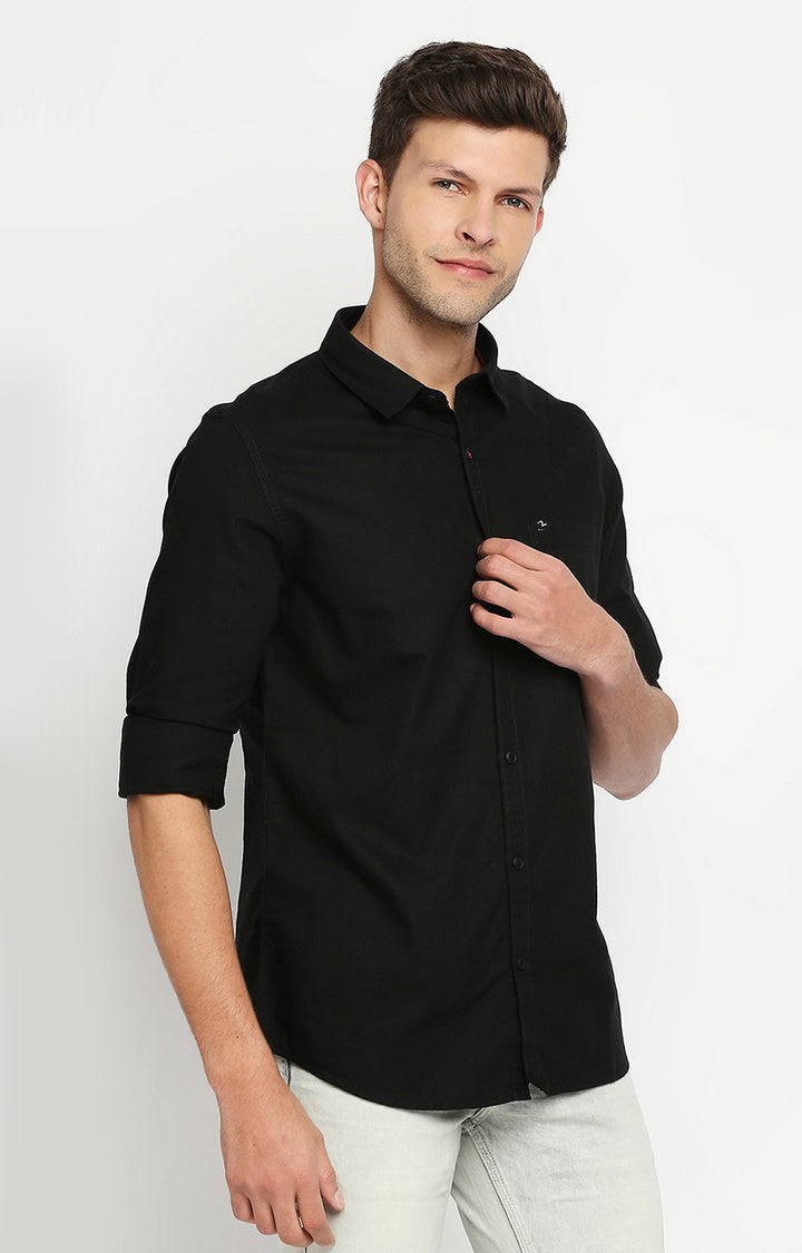 Spykar Men Black Slim Fit Full Sleeve Plain Shirt