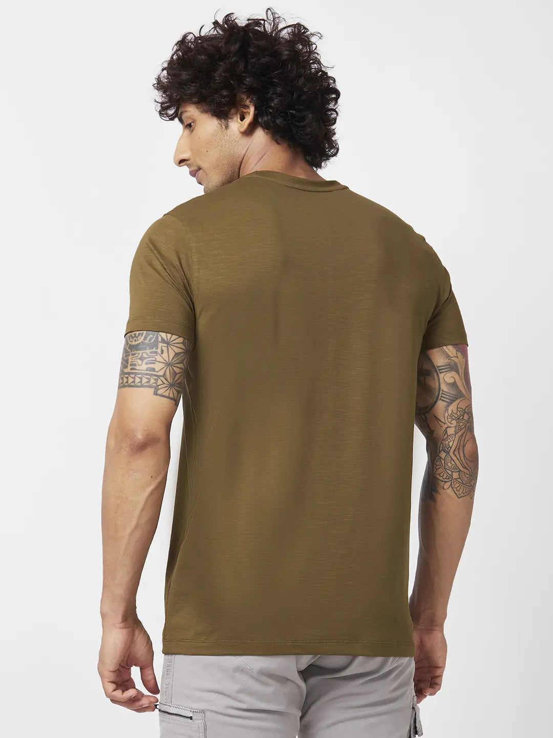 Spykar Men Military Green Blended Slim Fit Half Sleeve Round Neck Printed Tshirt