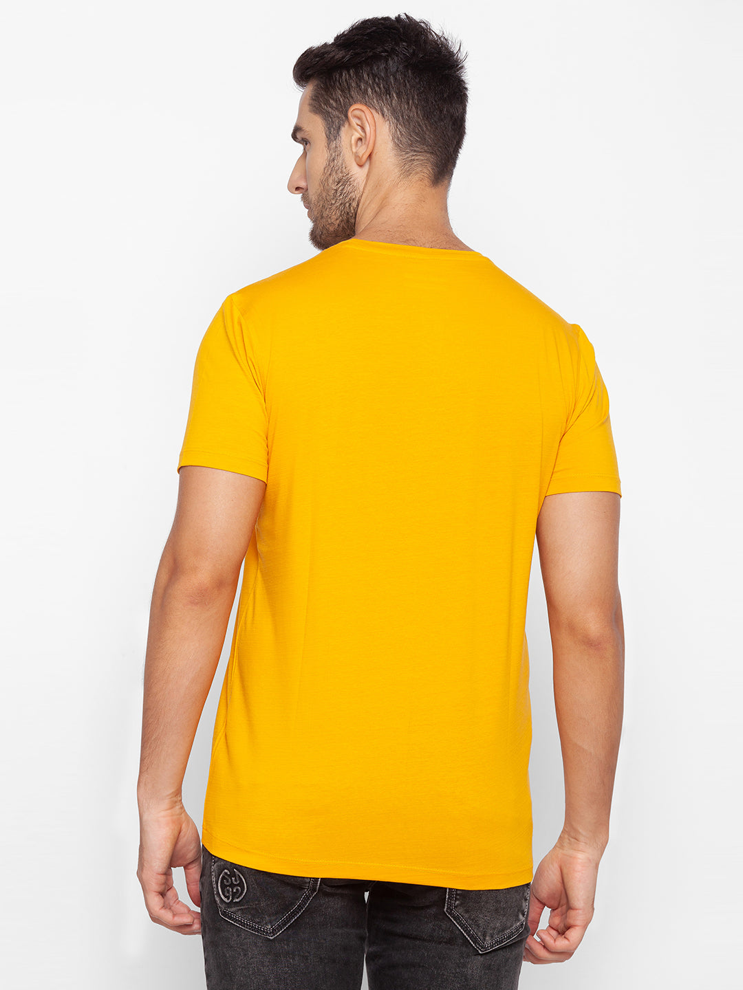 Spykar Men Yellow Cotton Slim Fit Round Neck T-Shirt