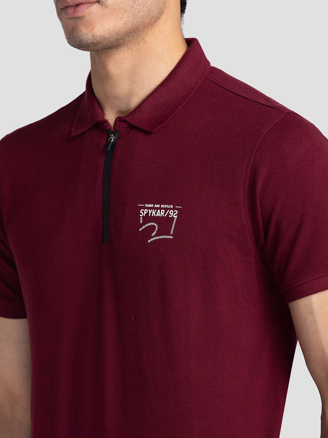 Spykar Men Wine Cotton Slim Fit Polo Printed T-Shirt