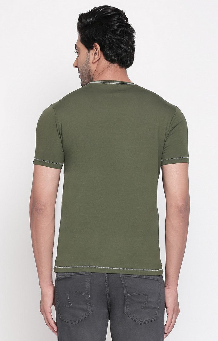 Spykar Olive Printed Slim Fit Men T-Shirts