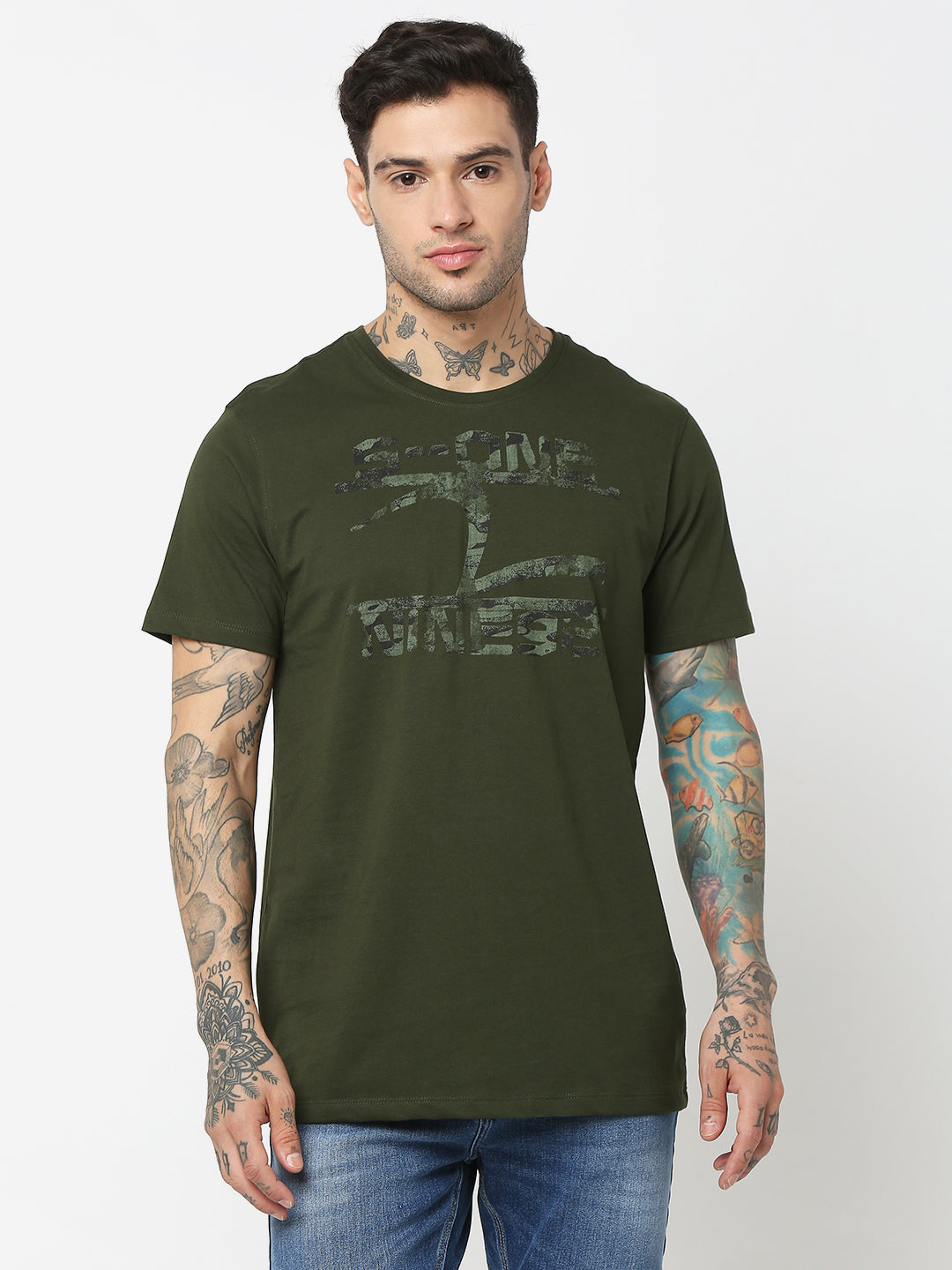 Spykar Men Olive Green Cotton Slim Fit Round Neck Printed T-Shirt