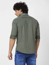 Spykar Men Dark Green Cotton Regular Slim Fit Full Sleeve Casual Striped Shirt