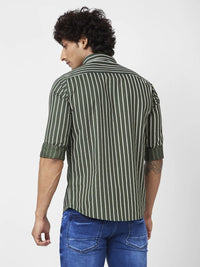 Spykar Men Dark Green Cotton Regular Slim Fit Full Sleeve Casual Striped Shirt