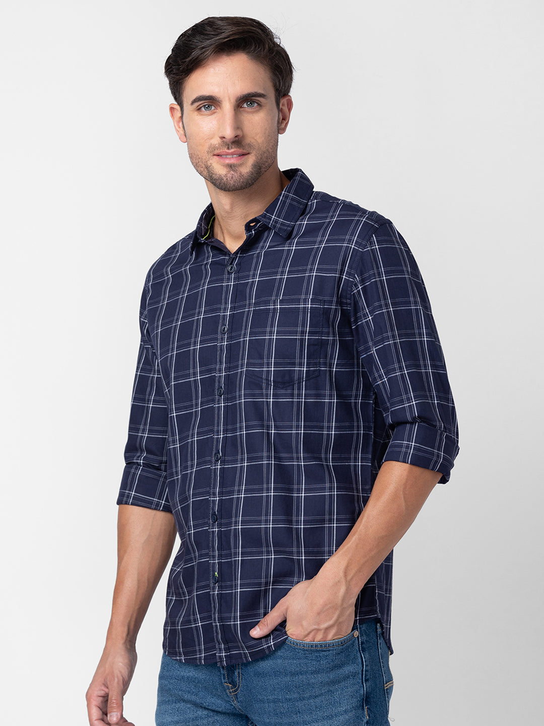 Spykar Men Navy Blue Cotton Regular Fit Checkered Shirts