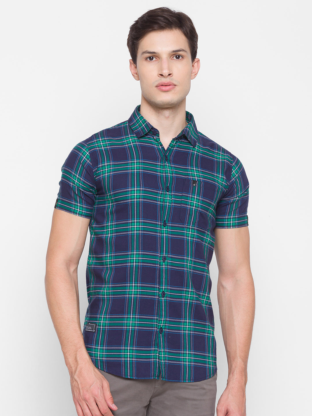 Spykar Slim Fit Green Cotton Men Shirt