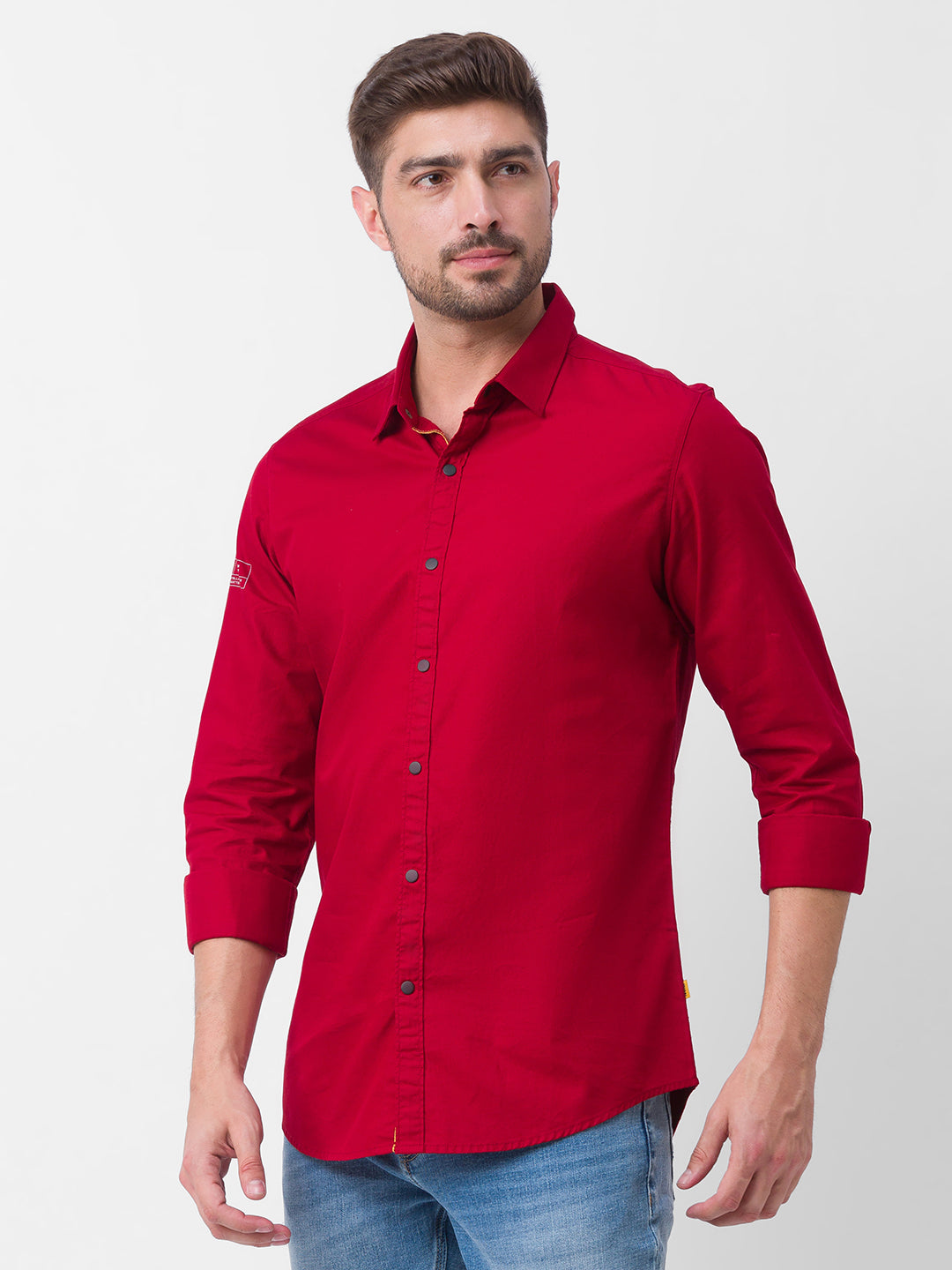 Spykar Deep Red Cotton Full Sleeve Plain Shirt For Men