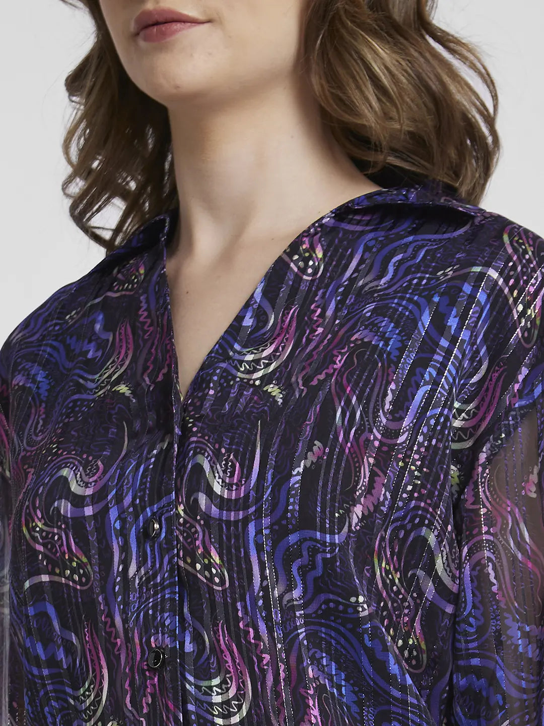 Spykar Women Purple Jaquard Slim Fit Full Sleeve Floral Print Shirt