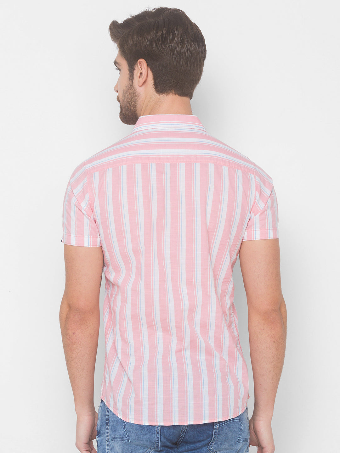 Spykar Men Peach Pink Cotton Shirts (Slim)