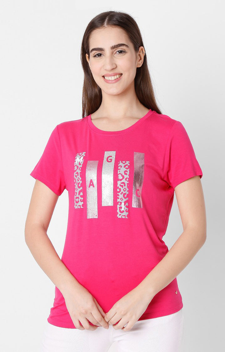 Spykar Women Pink Cotton Slim Fit Round Neck T-Shirts