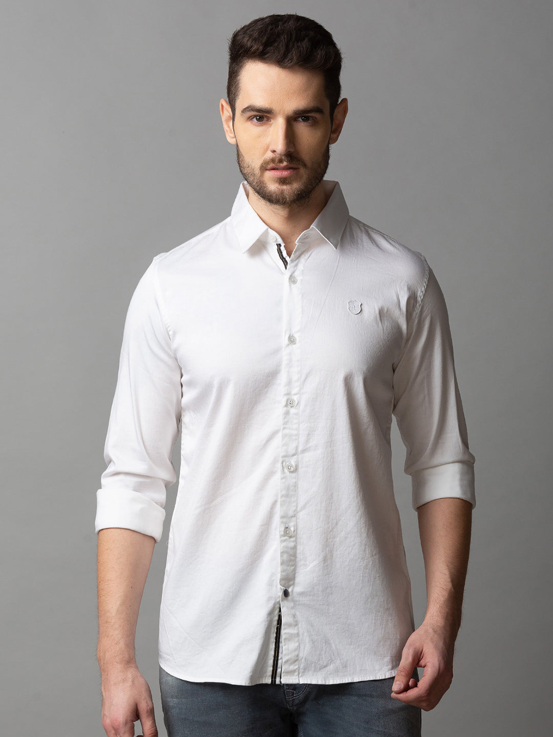 Spykar Men White Cotton Slim Fit Shirt