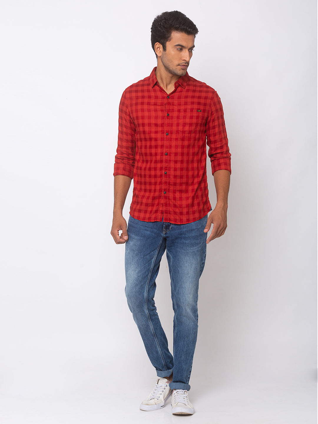 Spykar Men Red Cotton Slim Fit Shirt