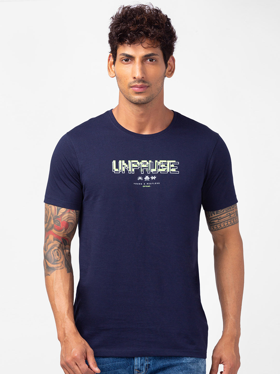 Spykar Men Navy Blue Cotton Slim Fit Round Neck Printed T-Shirt