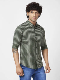 Spykar Men Dark Green Cotton Regular Slim Fit Full Sleeve Casual Striped Shirt