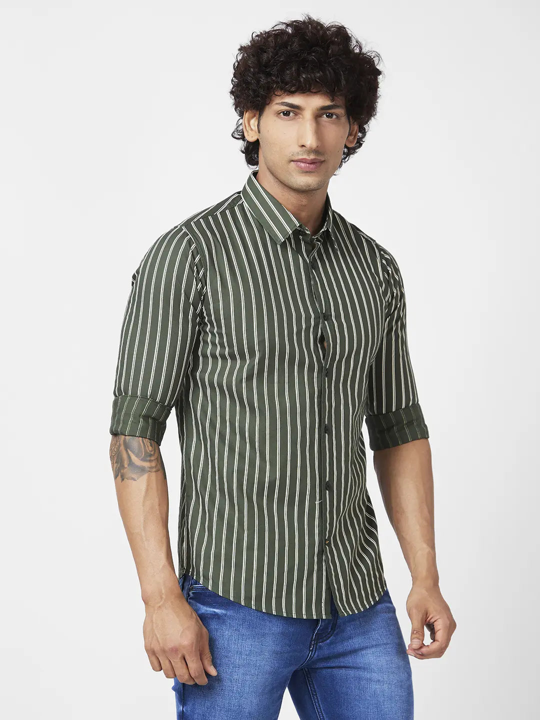 Spykar Men Dark Green Cotton Regular Slim Fit Full Sleeve Casual Striped Shirt