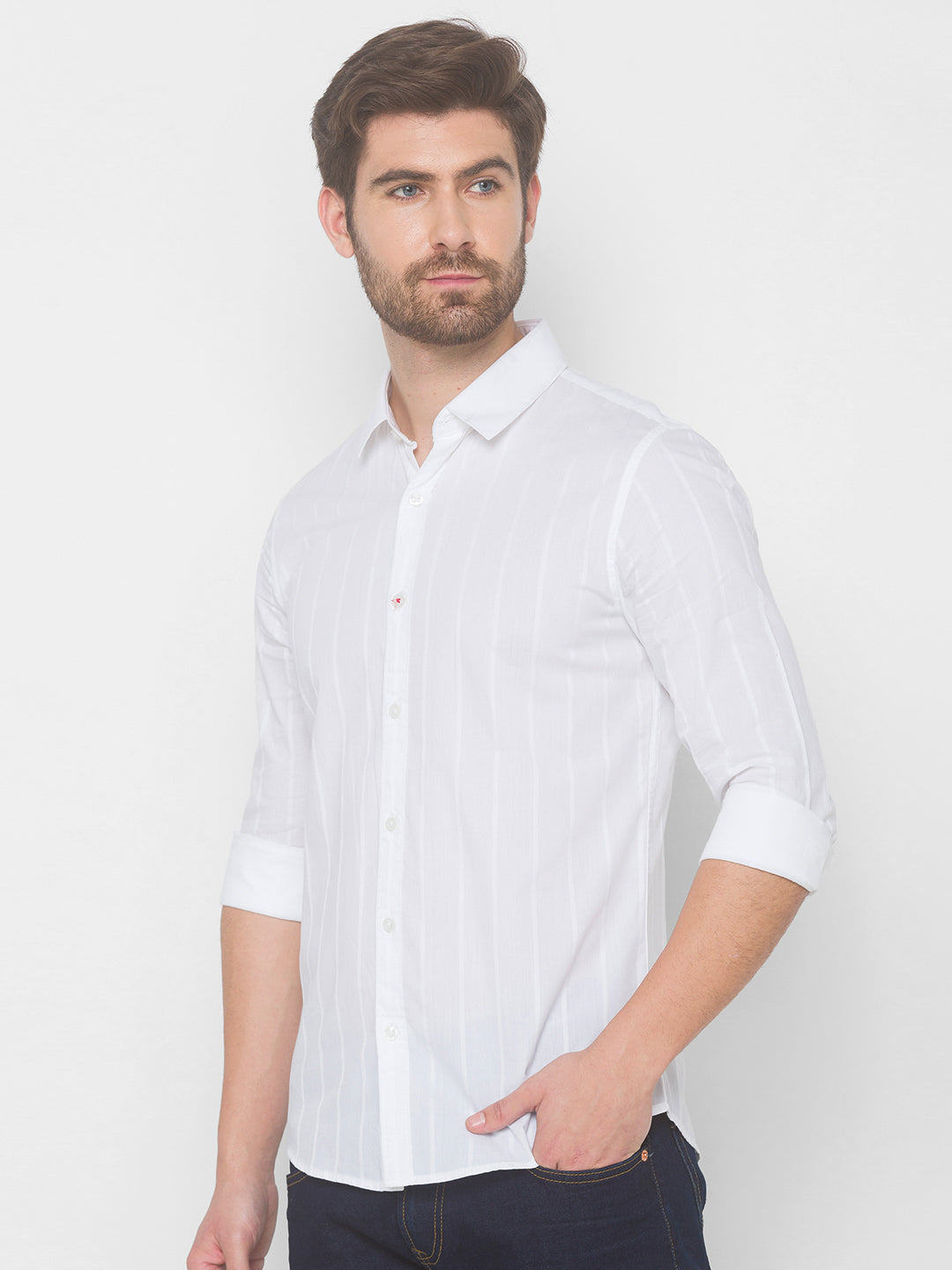 Spykar Men White Cotton Casual Slim Fit Shirt