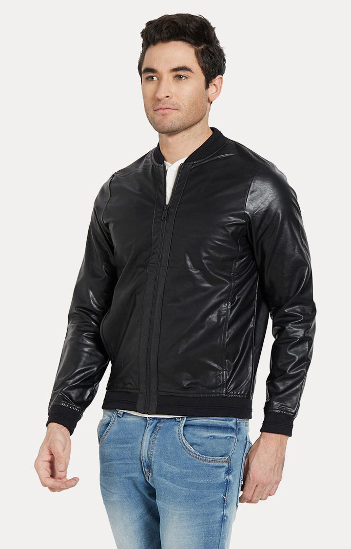 Spykar Men Black Solid Slim Fit Leather Jacket