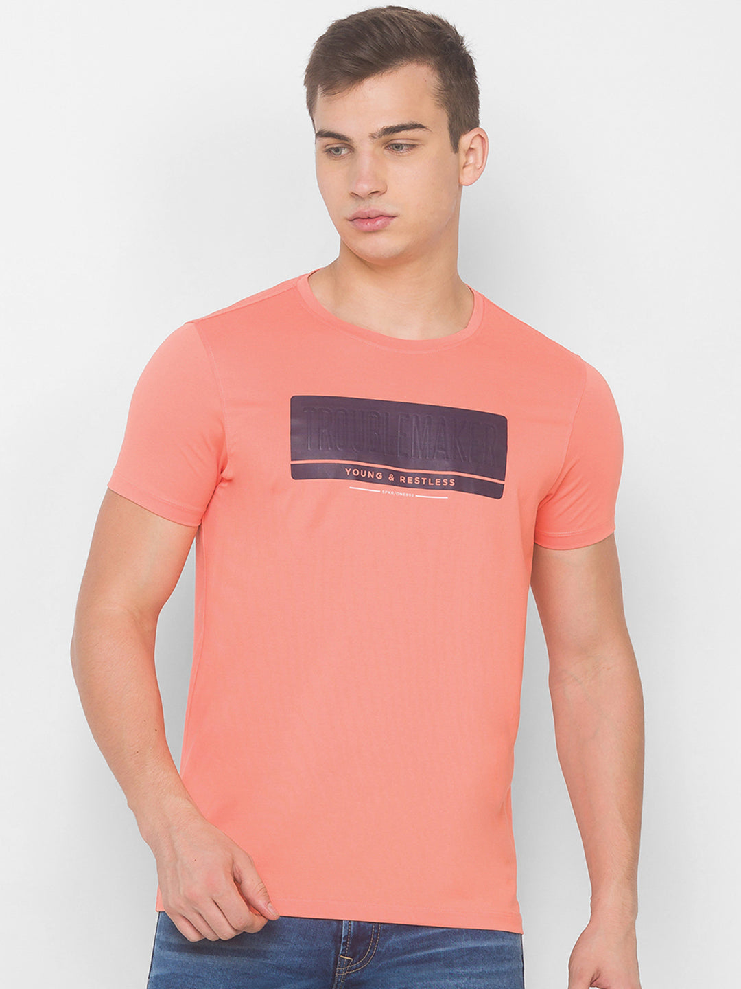 Spykar Men Pink Cotton Blend Slim Fit Round Neck T-Shirt