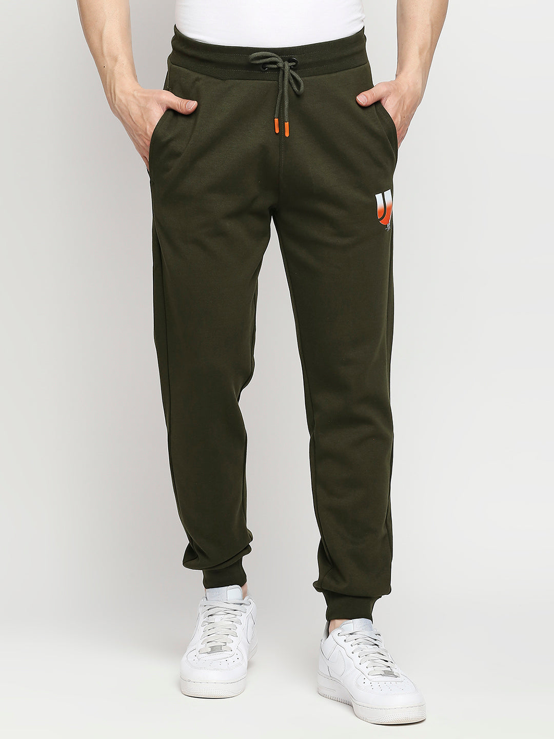 Men Premium Cotton Blend Knitted Rifle Green Trackpant- UnderJeans by Spykar