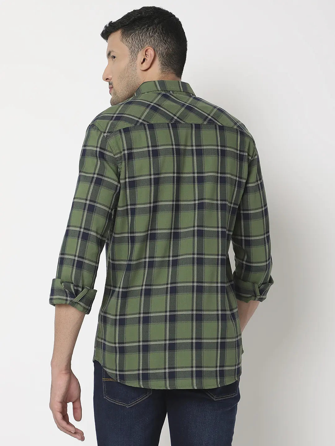 Spykar Men Olive Cotton Slim Fit Checkered Shirt