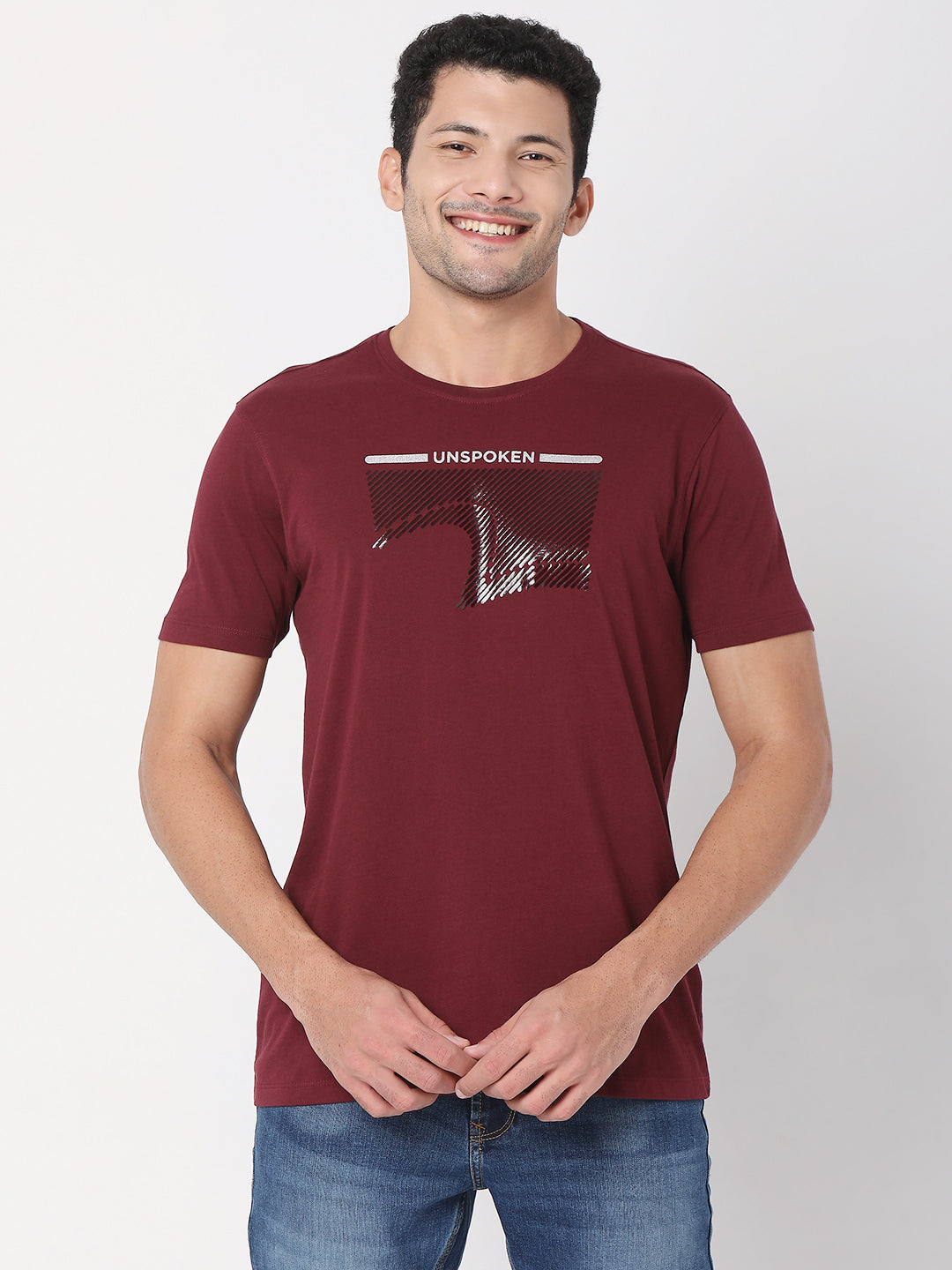 Spykar Wine Cotton Half Sleeve Printed Casual T-Shirt For Men