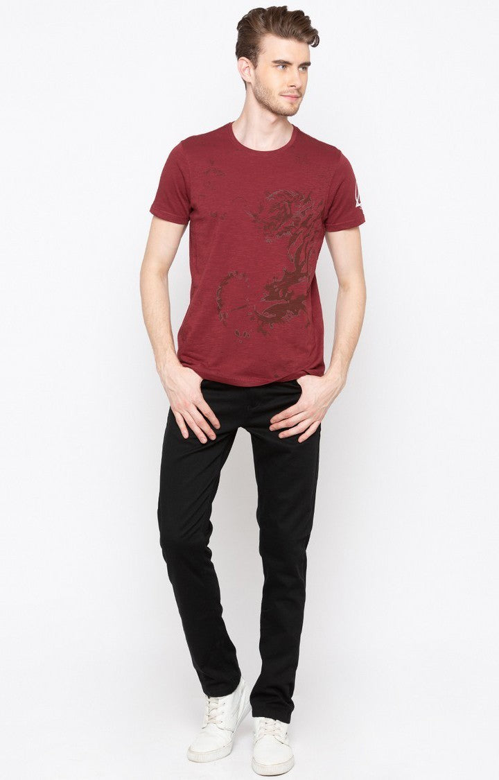 Spykar Wine Printed Slim Fit Men T-Shirts