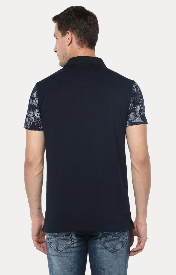 Spykar Navy Blue Solid Slim Fit Polo T-Shirt