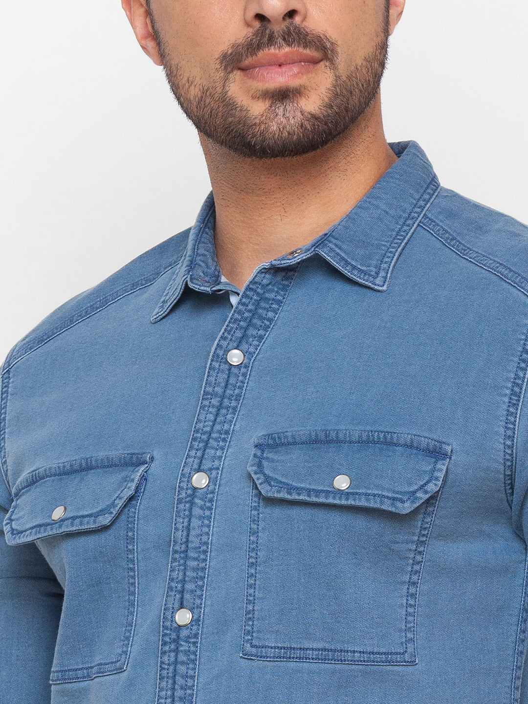 Spykar Mid Blue Cotton Full Sleeve Denim Shirt For Men