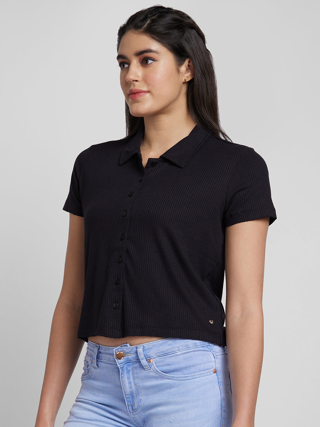 Spykar Black Blended Slim Fit Plain Polo Neck T-Shirts