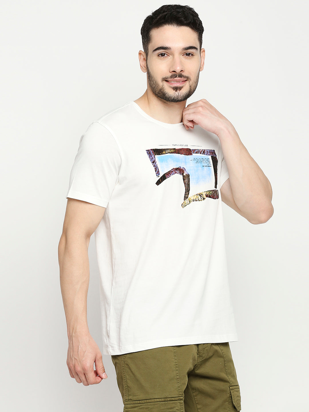 Spykar Off White Cotton Half Sleeve Printed Casual T-Shirt For Men