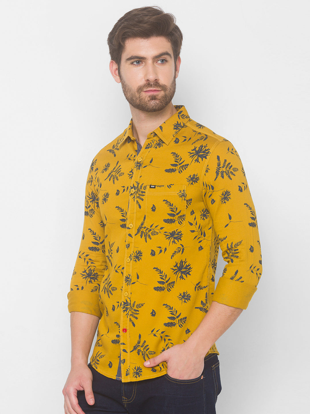 Spykar Men Mustard Yellow Cotton Slim Fit Shirt