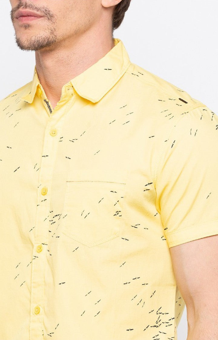 Spykar Men'S Yellow Cotton Printed Casual Shirts