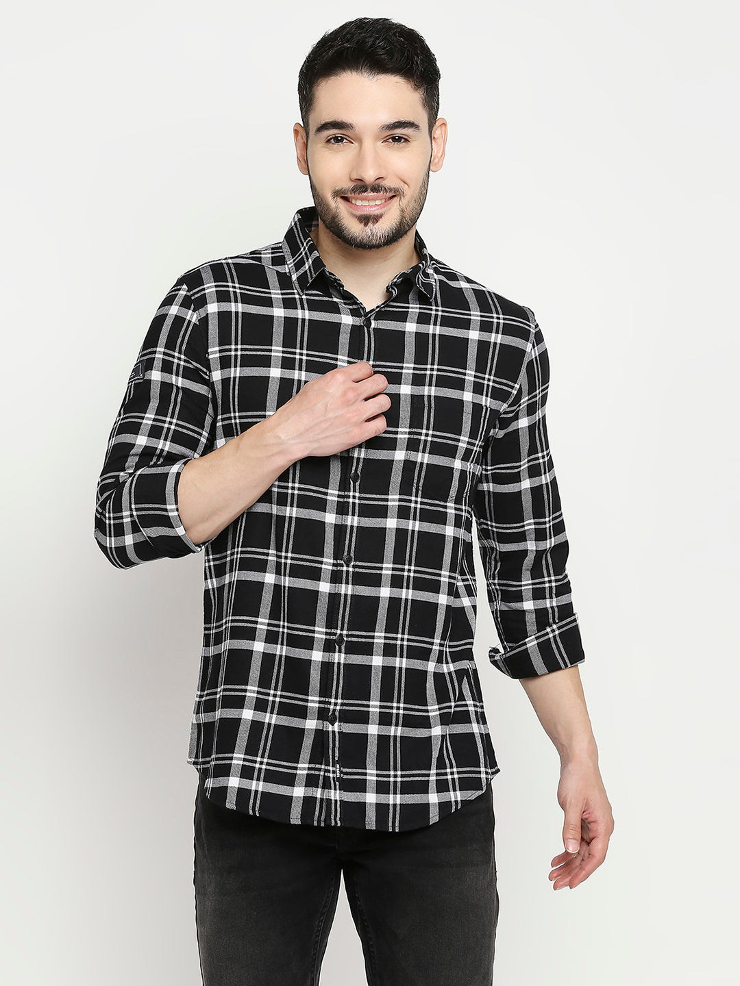 Spykar Black Cotton Full Sleeve Checkered Shirt For Men