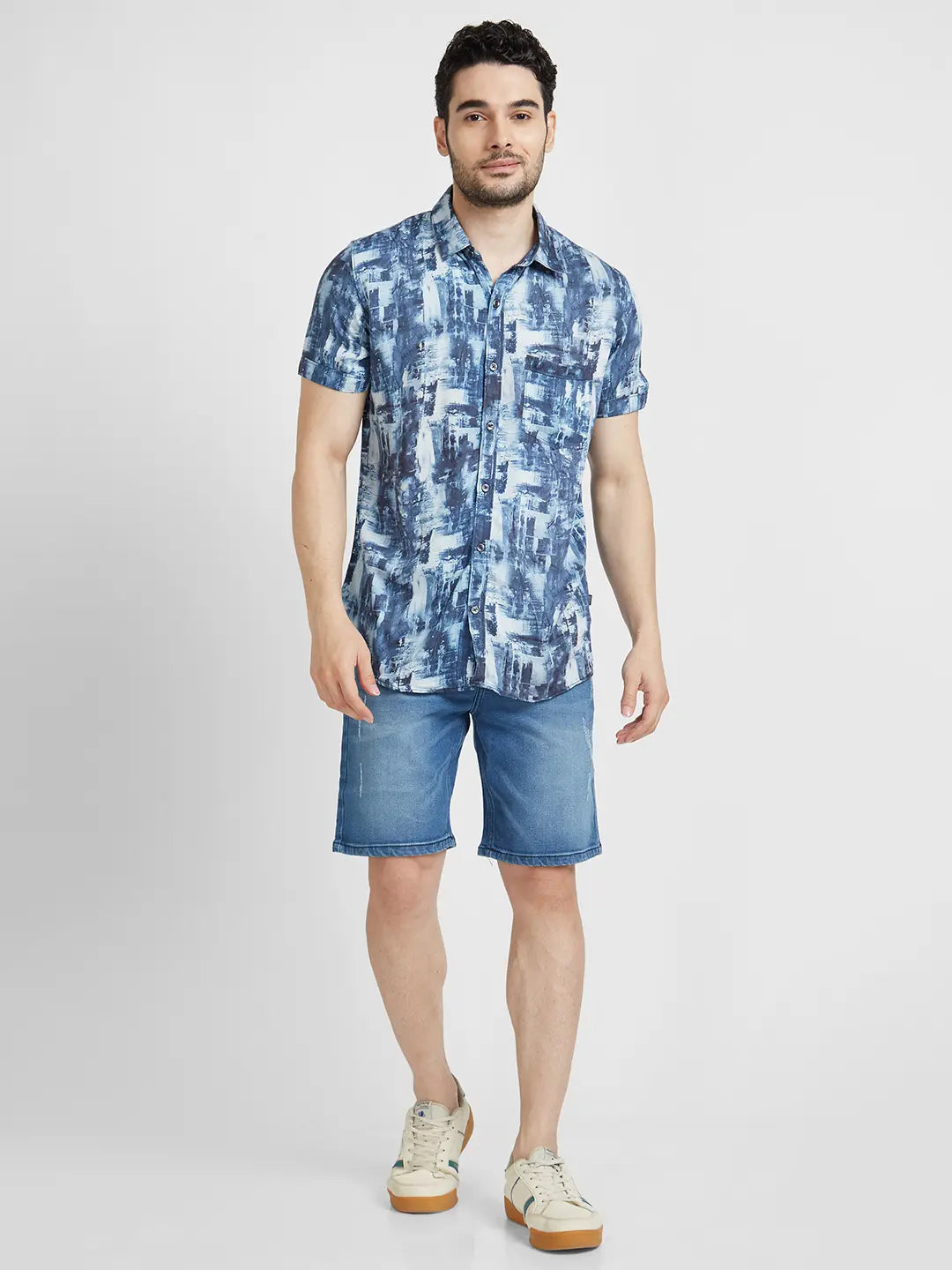 Spykar Men Navy Blue Viscose Regular Slim Fit Half Sleeve Printed Shirt