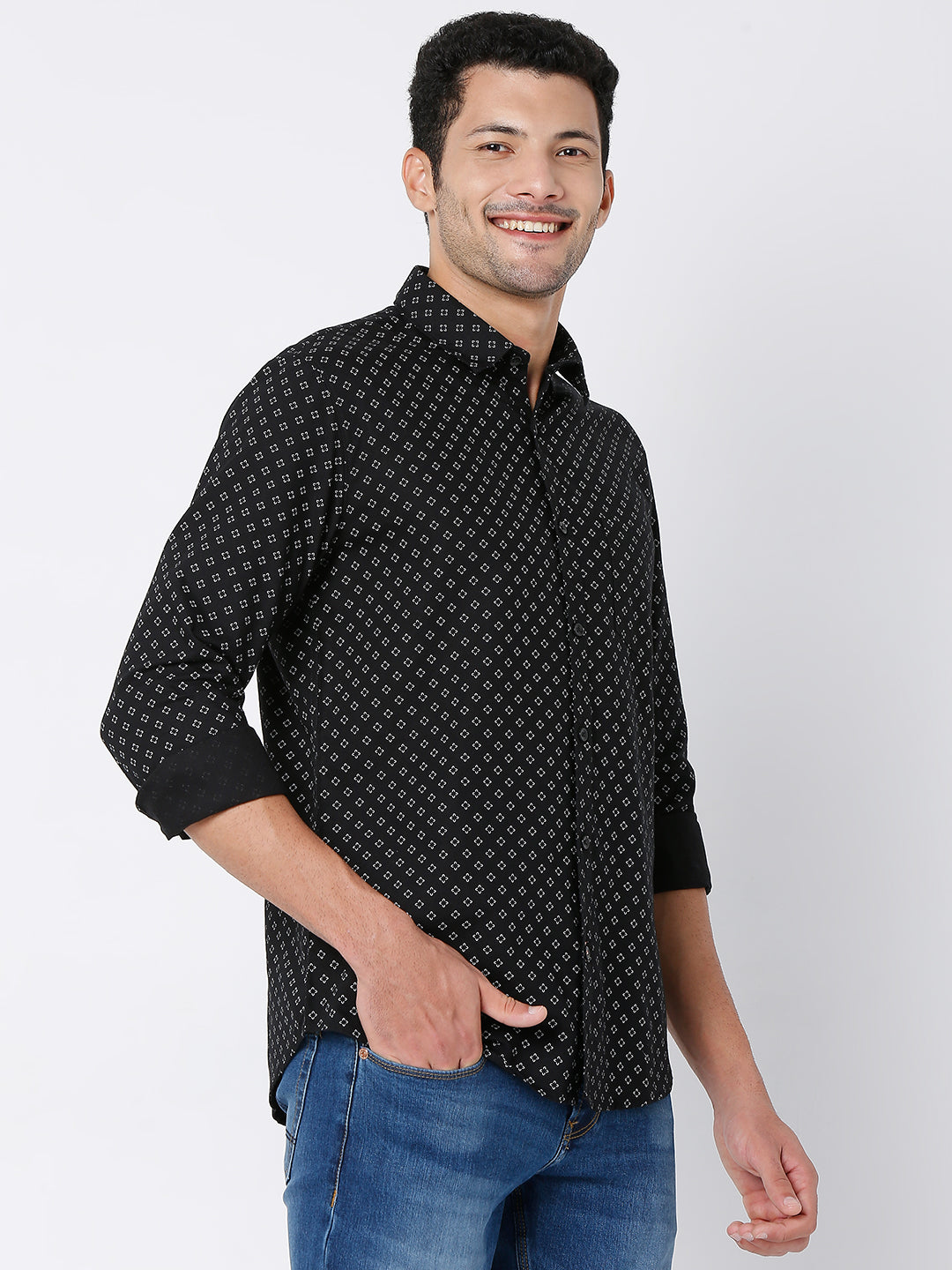 Spykar Men Black Cotton Full Sleeve Printed Shirt