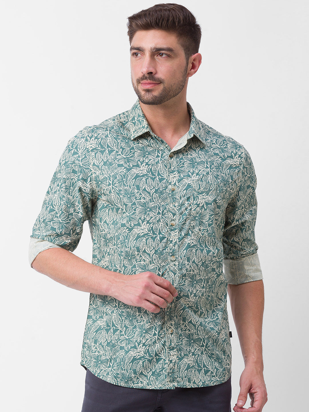 Spykar Sage Green Cotton Full Sleeve Printed Shirt For Men