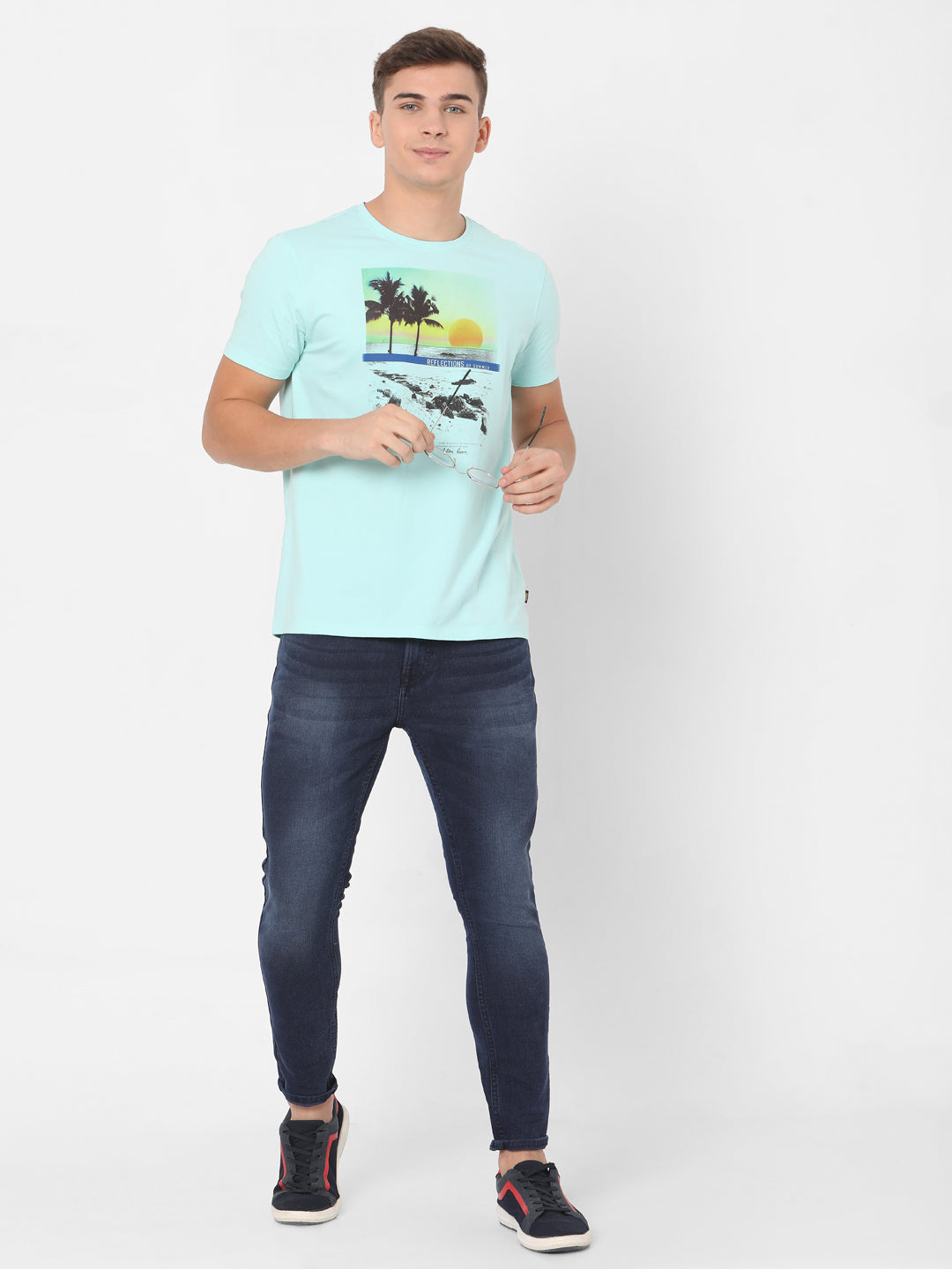 Spykar Men Blue Cotton Slim Fit Round Neck T-Shirt