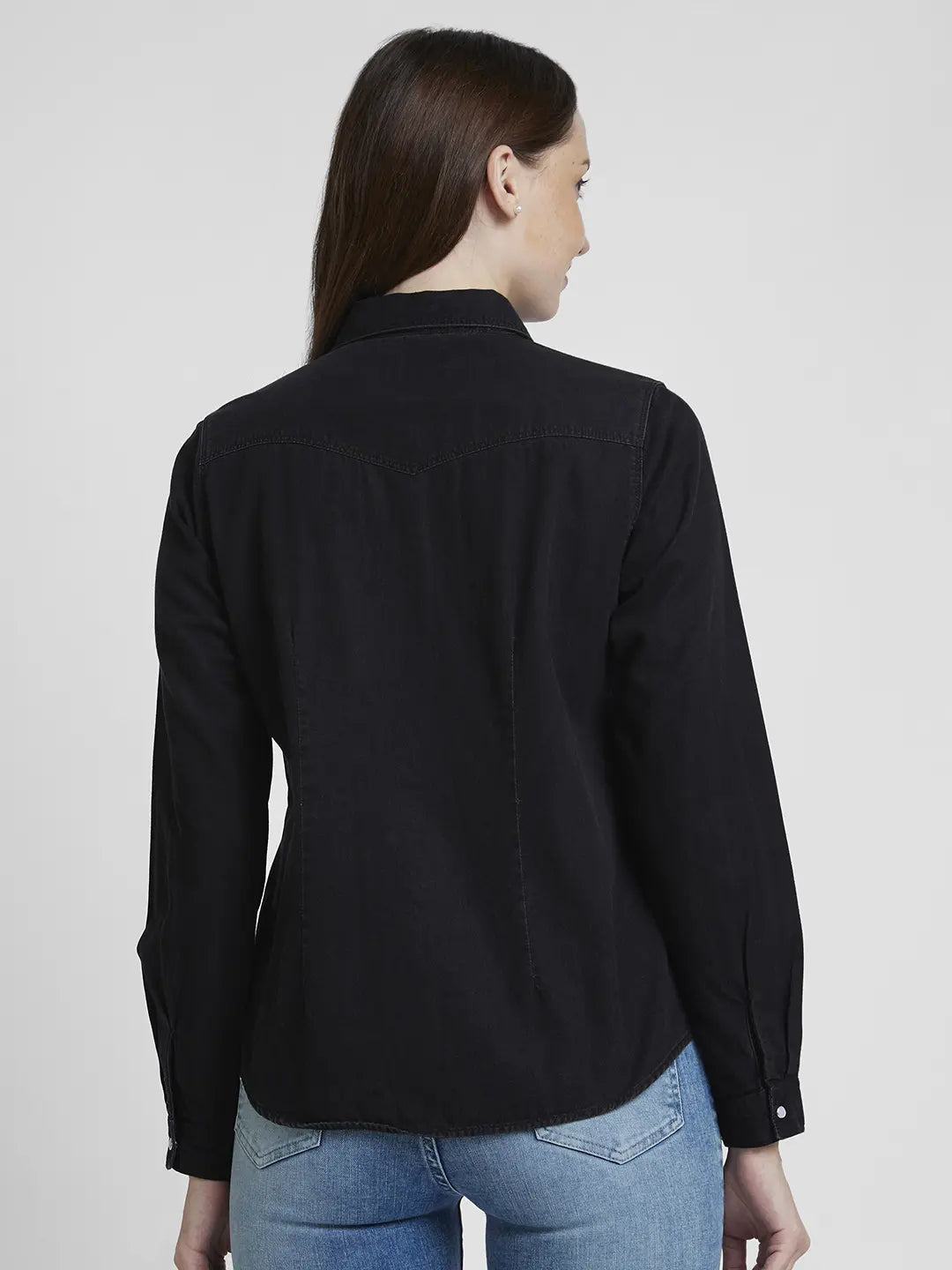 Spykar Women Black Cotton Regular Fit Full Sleeve Plain Shirt