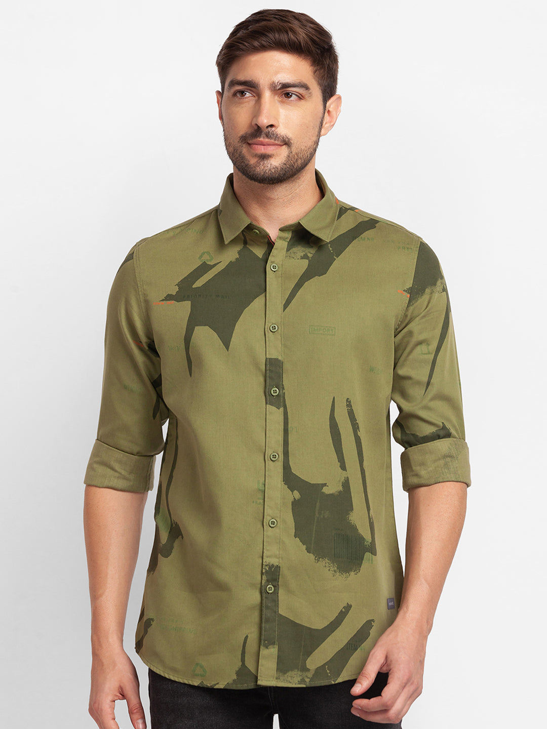 Spykar Military Green Cotton Full Sleeve Printed Shirt For Men